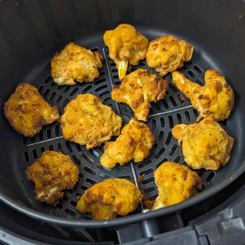 Aranybarnára sült rántott karfiol az air fryer kosarában