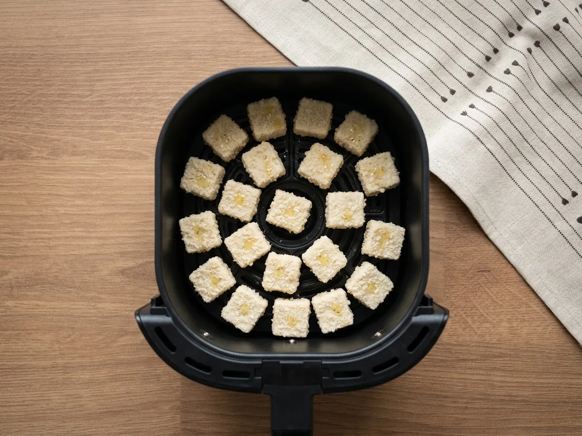 Pankóba forgatott, olajjal lefújt tofukockák az air fryer kosarában, sütés előtt