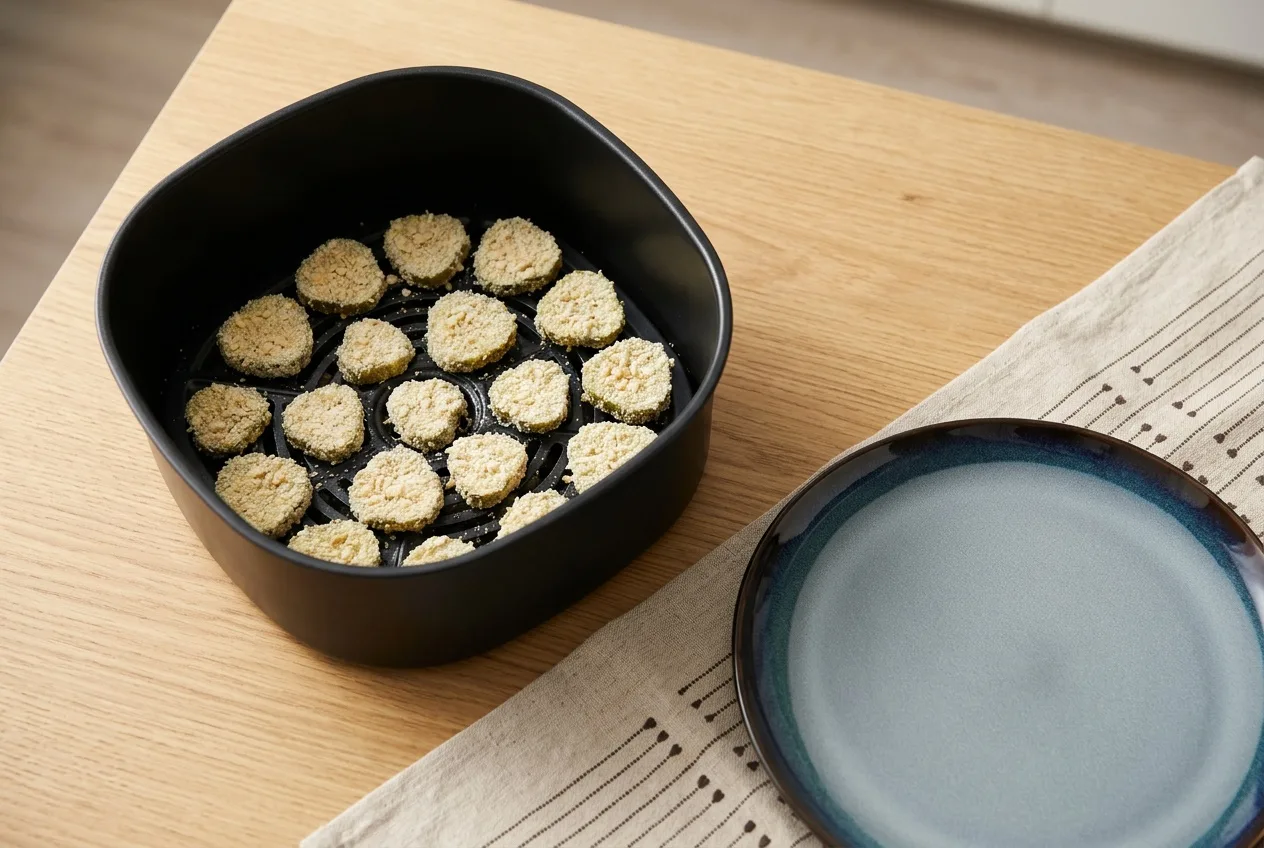 Panírozott uborkakarikák egy rétegben az air fryer kosarában
