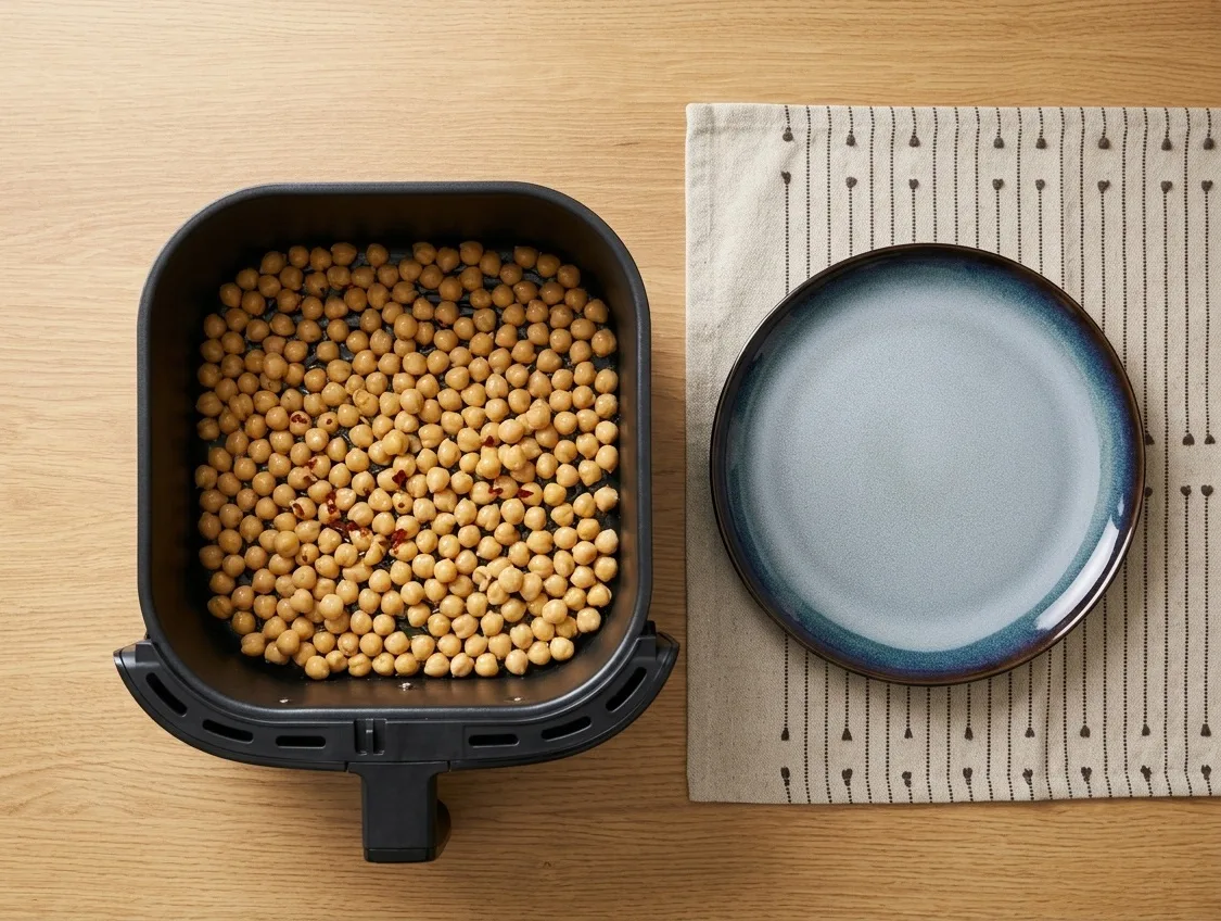 Fűszerezett csicseriborsó az air fryer kosarában, sütés előtt