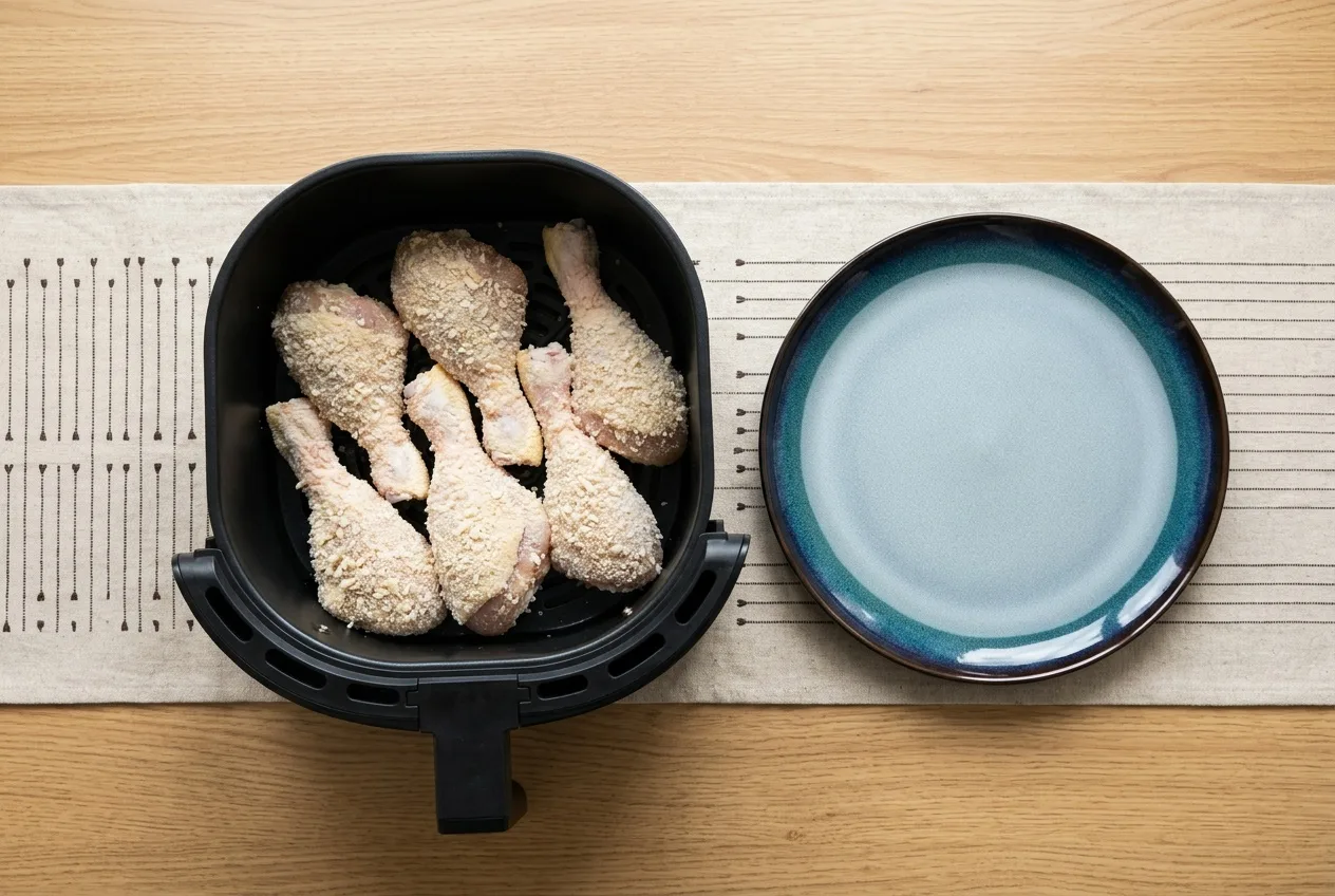 Lisztes bundába forgatott csirkecombok az air fryer kosarában