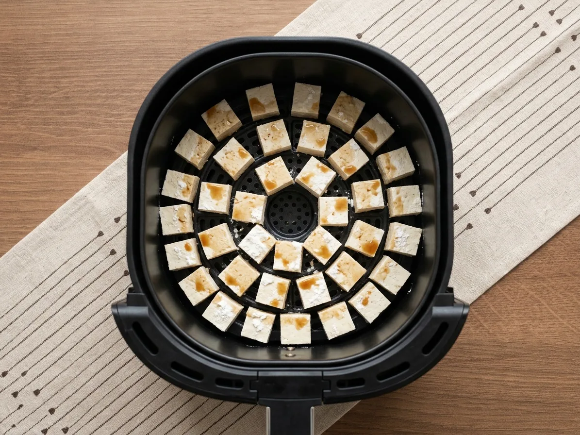 Keményítővel és szójaszósszal bevont nyers tofukockák egy rétegben az air fryer kosarában