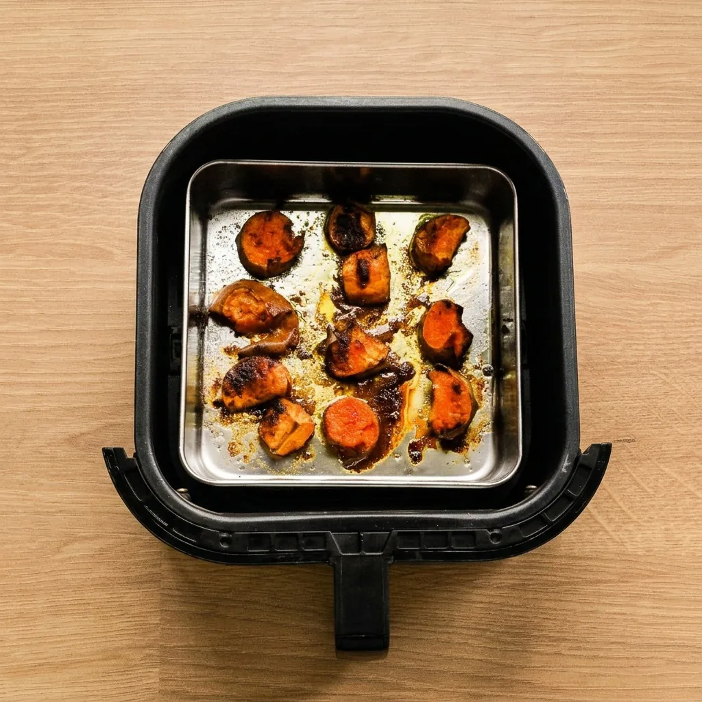A lenyomott, karamellizált édesburgonya a tepsiben az air fryer kosarában