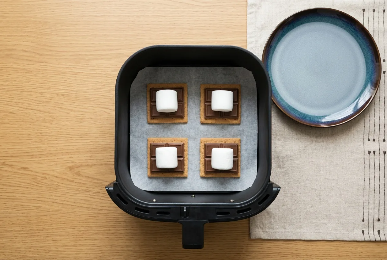 Kekszek mályvacukorral sütőpapíron az air fryer kosarában, sütés előtt