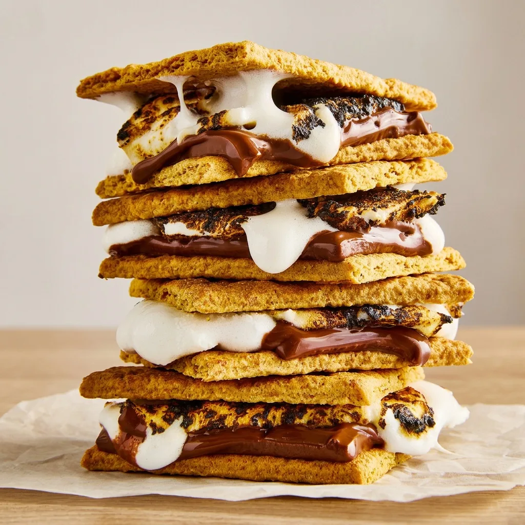 Egymásra rakott s'mores szendvicsek, kifolyó csokoládéval