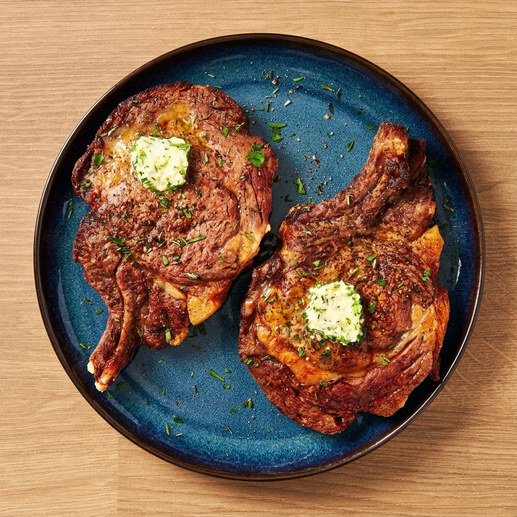 Air fryerben sült steak olvadó fűszervajjal, felülnézetből