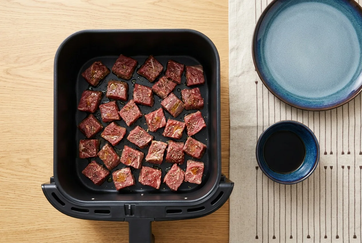 Pácolt nyers marhakockák egy rétegben az air fryer kosarában, mellette szójaszósz
