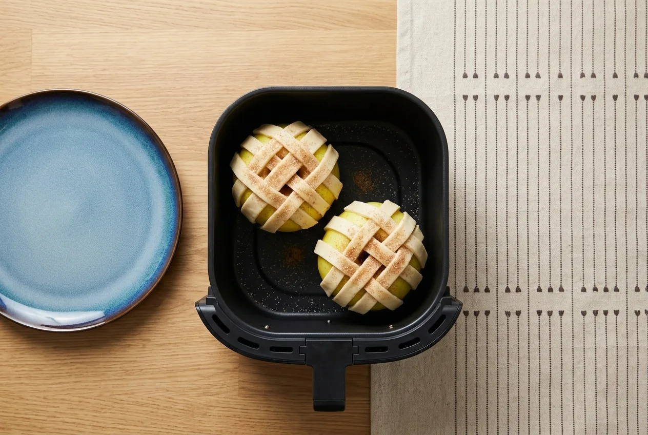 Kimagozott, rácsos tésztával fedett almák az air fryer kosarában