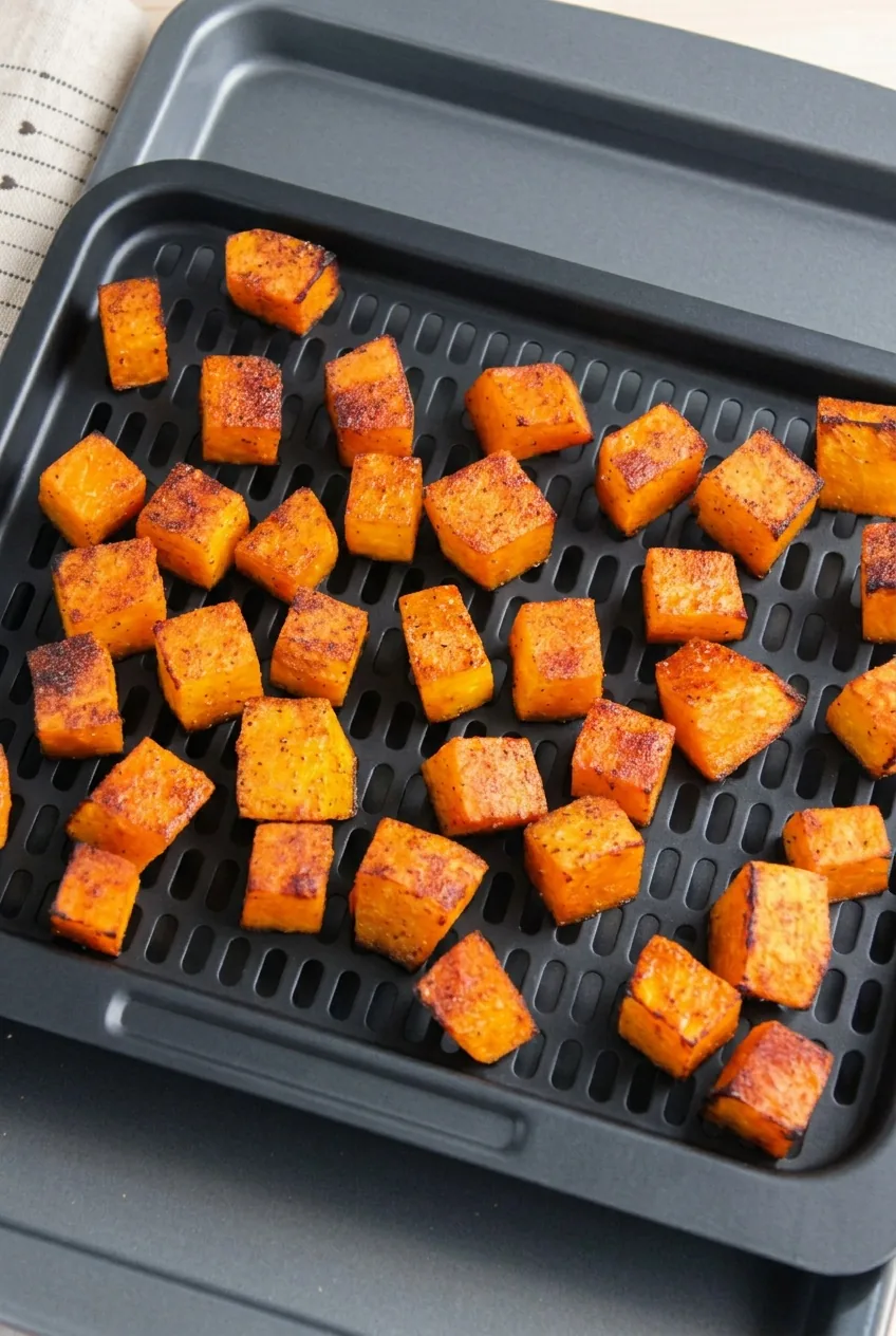 Megsült, karamellizálódott sütőtökkockák az air fryer tálcáján
