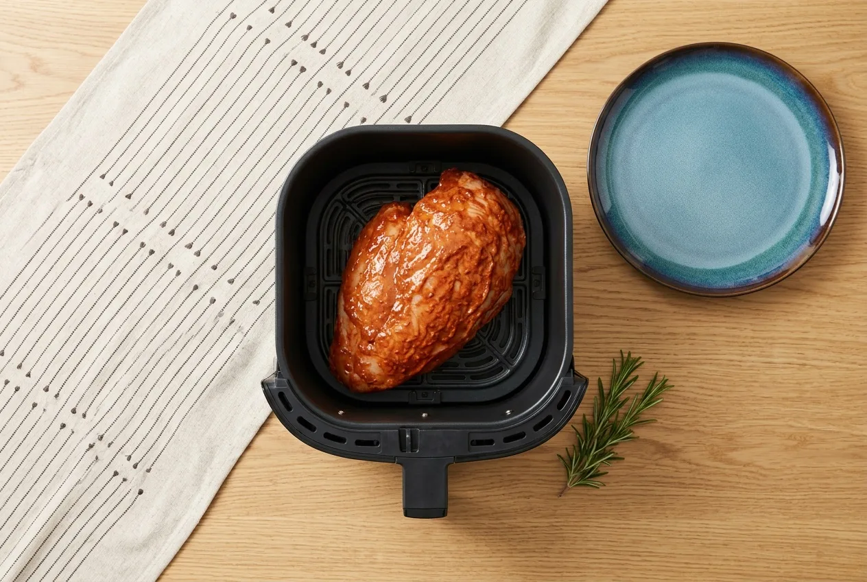 Tandoori pácban forgatott nyers pulykamell az air fryer kosarában