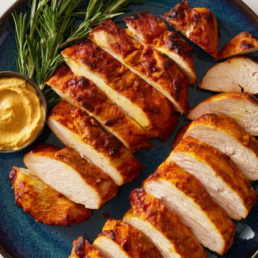 Szaftos tandoori pulykamell-szeletek közelről