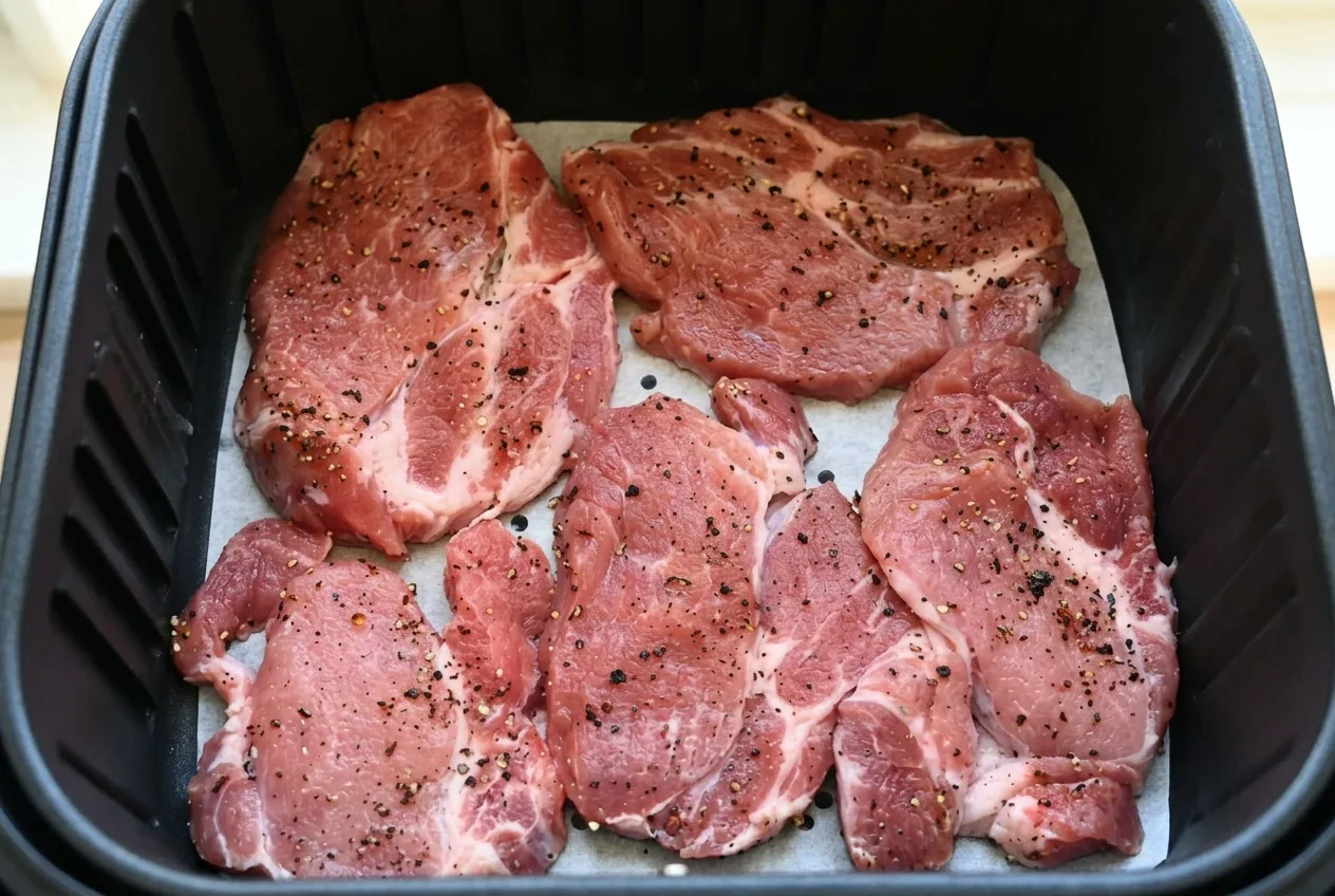 Borsozott nyers tarjaszeletek sütőpapíron az air fryer kosarában