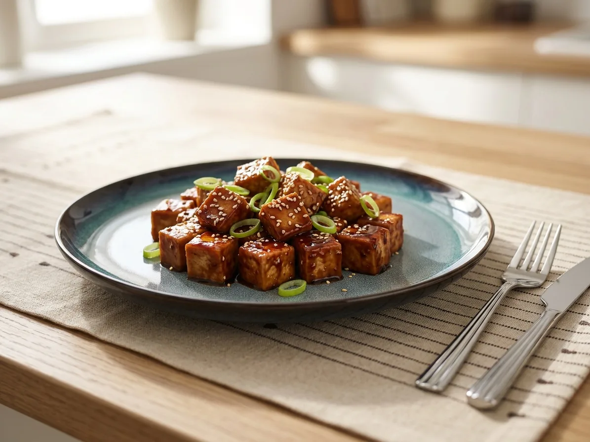 Ragacsos teriyaki tofukockák szezámmaggal, egy darab evőpálcikán