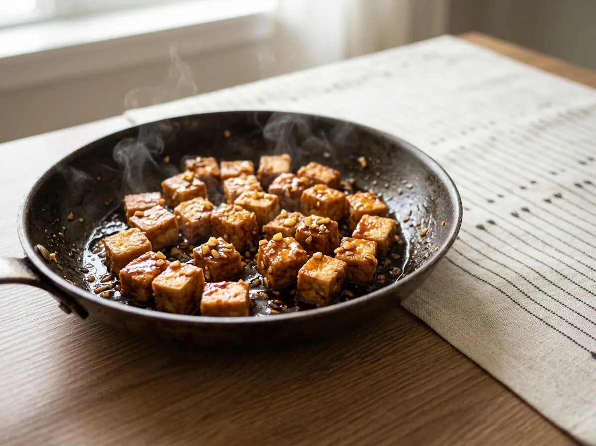 Air fryerben sült tofukockák a sűrű teriyaki szószban, serpenyőben forgatva
