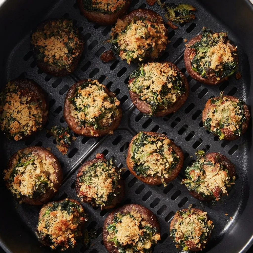 Aranybarnára sült töltött gombák az air fryer kosarában