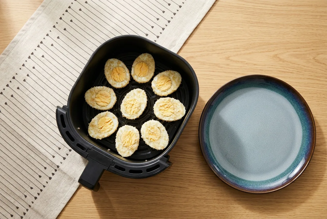 Morzsába forgatott tojásfelek az air fryer kosarában