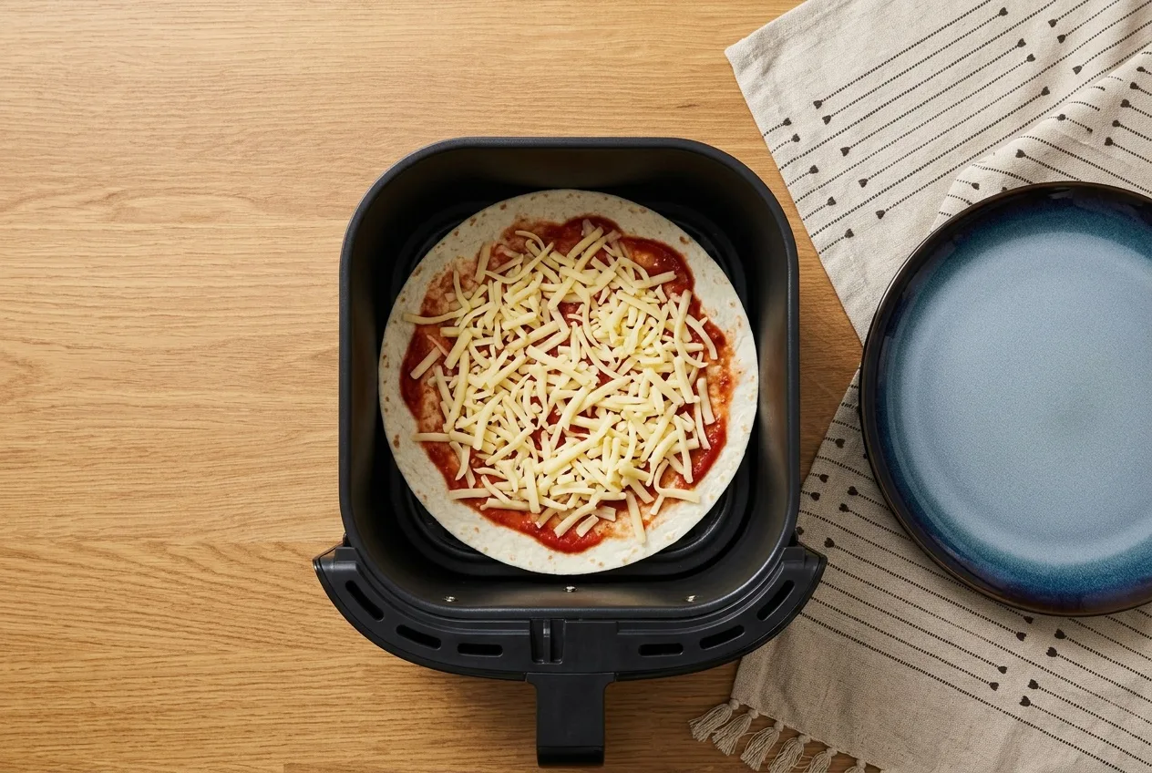 Paradicsomszósszal és reszelt sajttal megrakott tortilla az air fryer kosarában