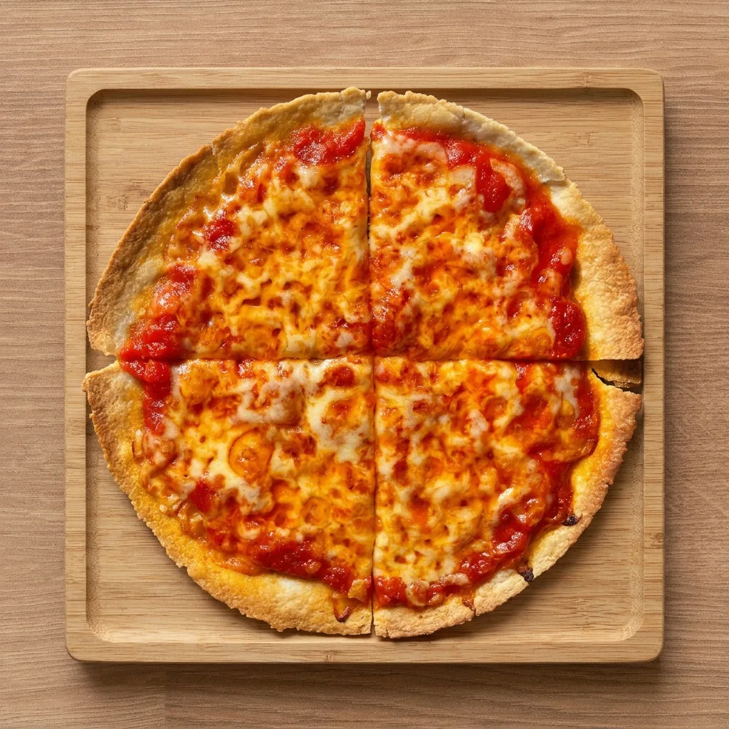 Ropogós tortilla pizza olvadt sajttal, felülnézetből