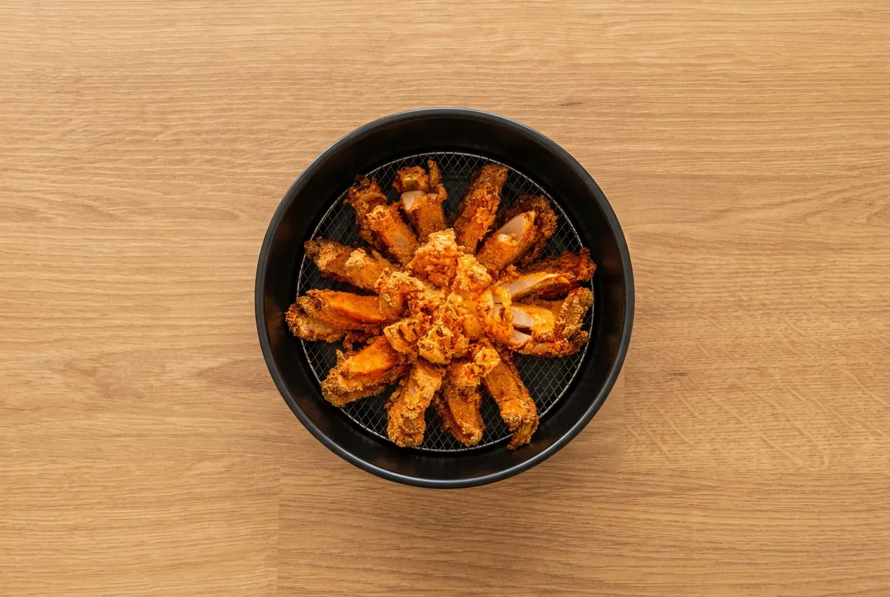 A panírozott virághagyma az air fryer rácsán