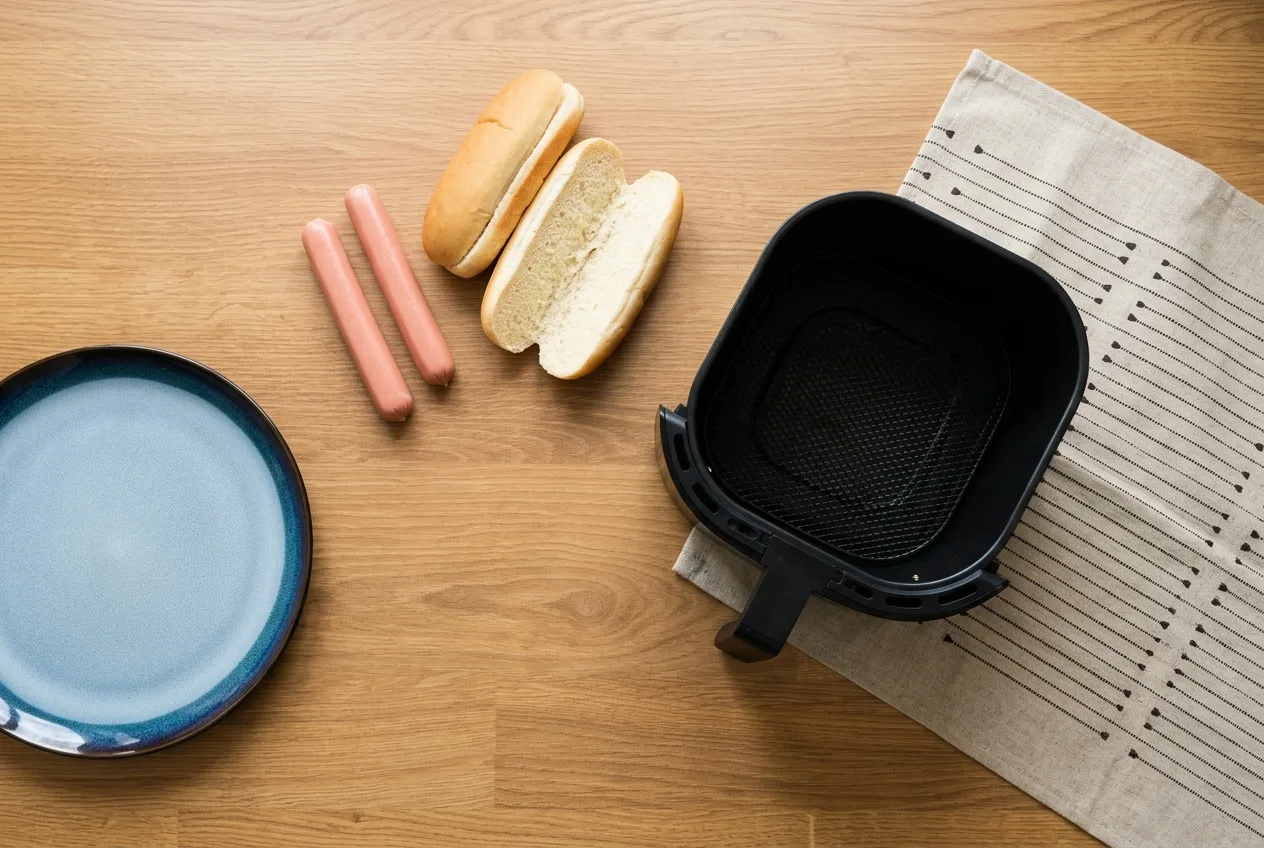 Virsli, hot dog kifli és az üres air fryer kosár a pulton