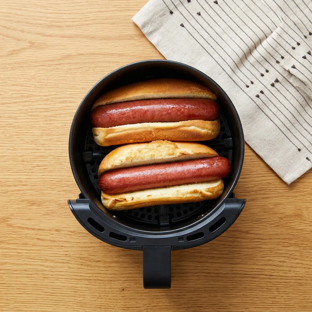 Virslik pirított kifliben az air fryer kosarában