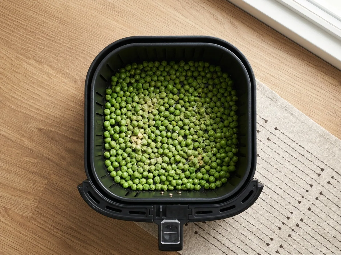 Olajjal, wasabiporral, sóval és fokhagymaporral összeforgatott borsó egy rétegben az air fryer kosarában