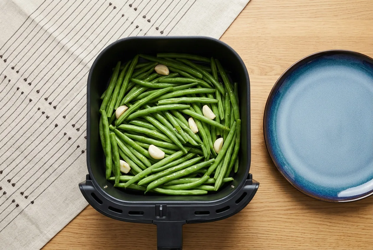 Friss zöldbab fokhagymagerezdekkel az air fryer kosarában